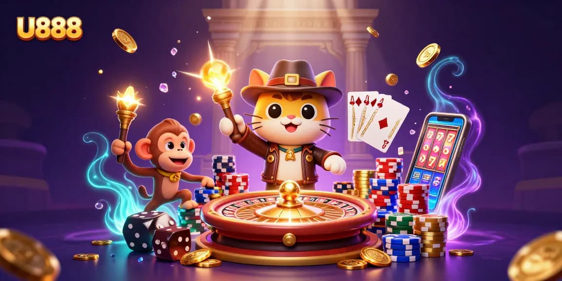 Experience thrilling moments at U888 with a cat explorer uncovering golden casino treasures amidst dynamic gaming elements.