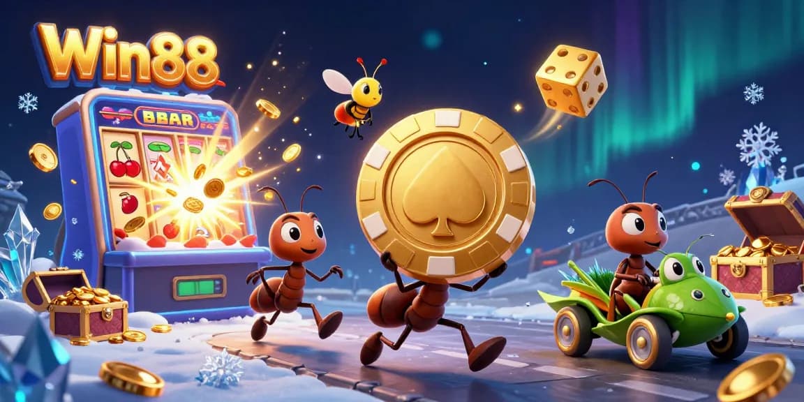 Win88 ants engage in a casino heist with golden poker chip amidst vibrant slot machine chaos.