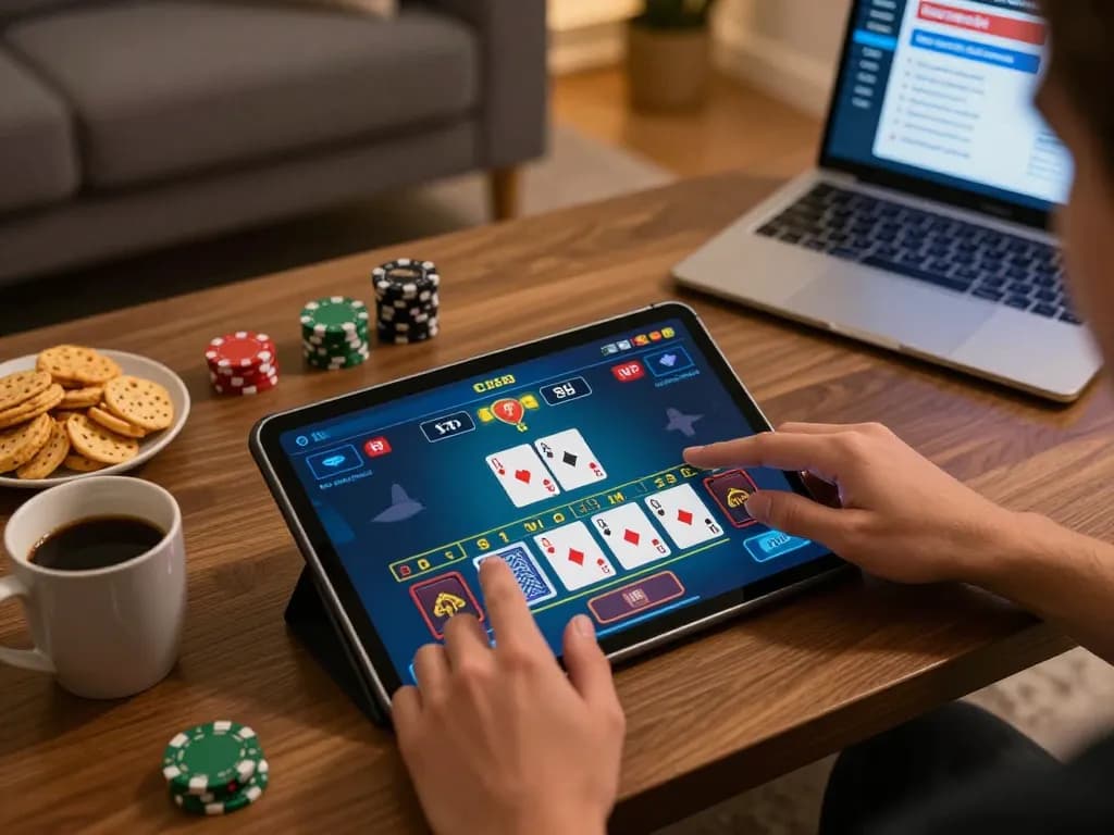 Engaging in TR88 live dealer blackjack gameplay at home with a tablet and strategy notes.