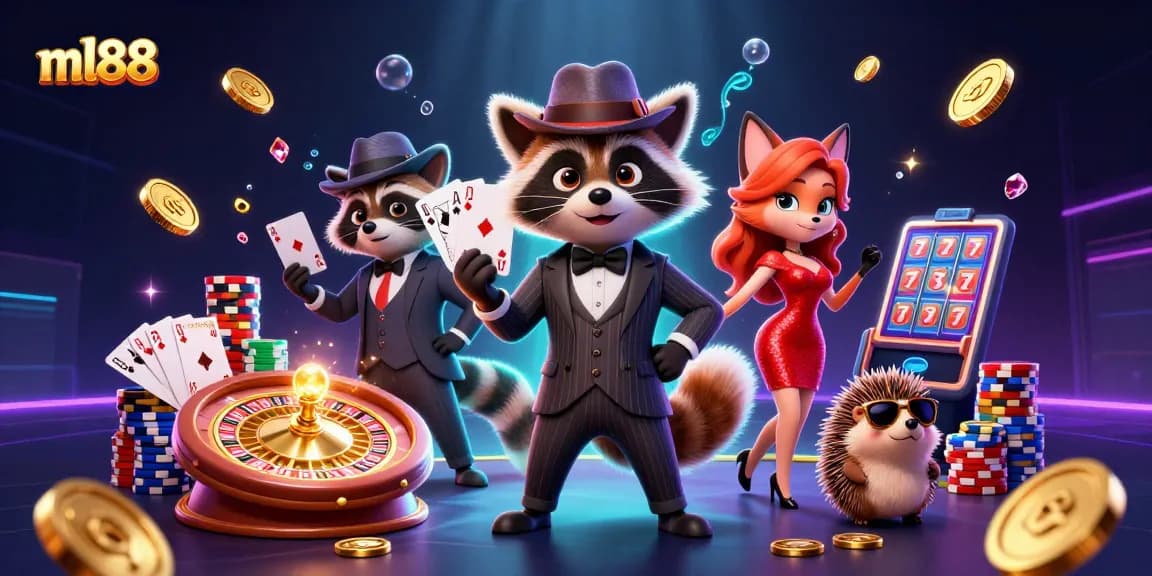 Experience thrilling slots and jackpots on ml88 with a suave raccoon and friends in a dynamic casino scene.