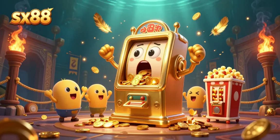 sx88's animated slot machine celebrating a jackpot with vibrant coins around, ideal for gambling excitement