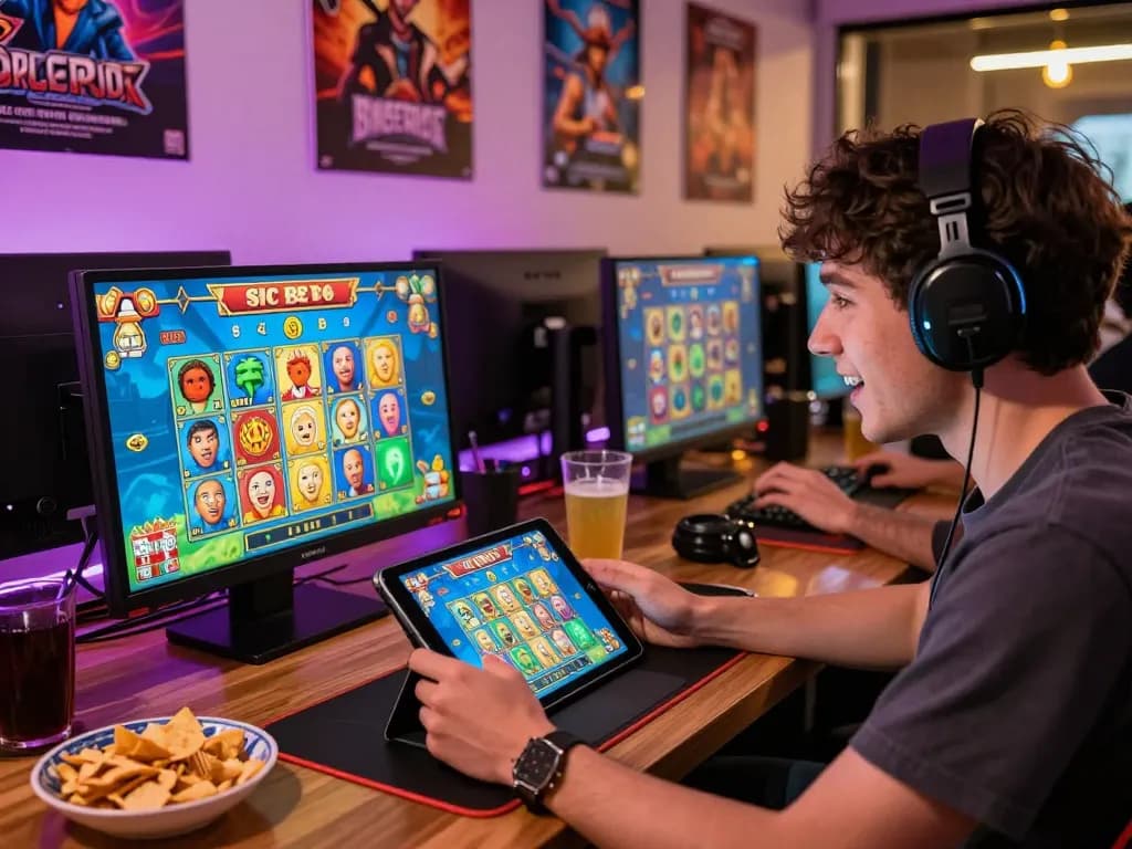 Player enjoying a Rikvip game on a tablet with colorful graphics and a cozy gaming setup