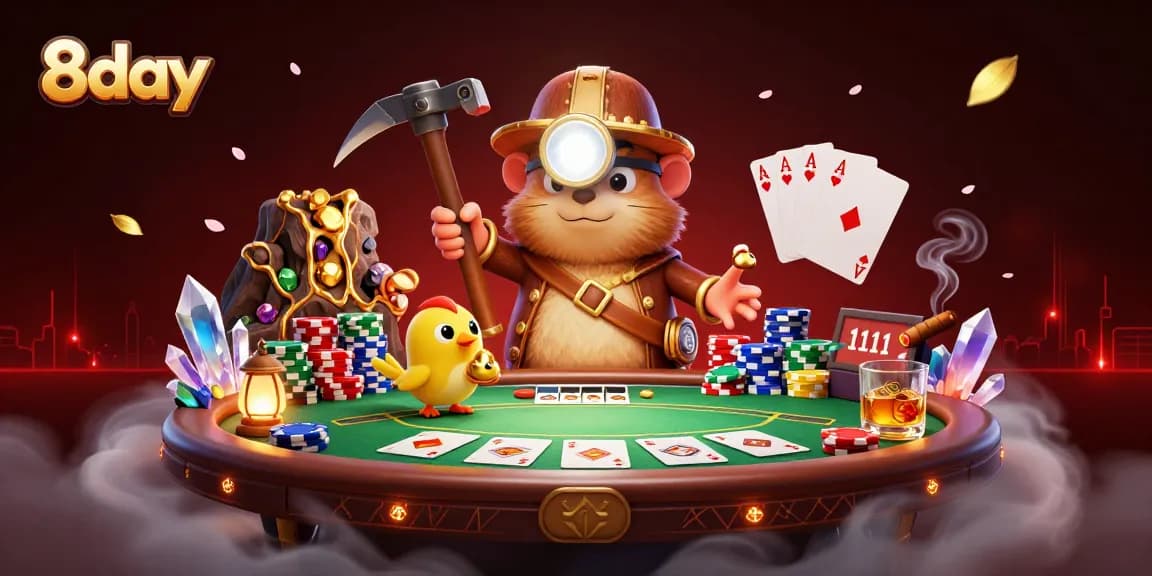 Engage with thrilling poker action at 8day's vibrant casino illustration featuring a treasure hunter and gold!