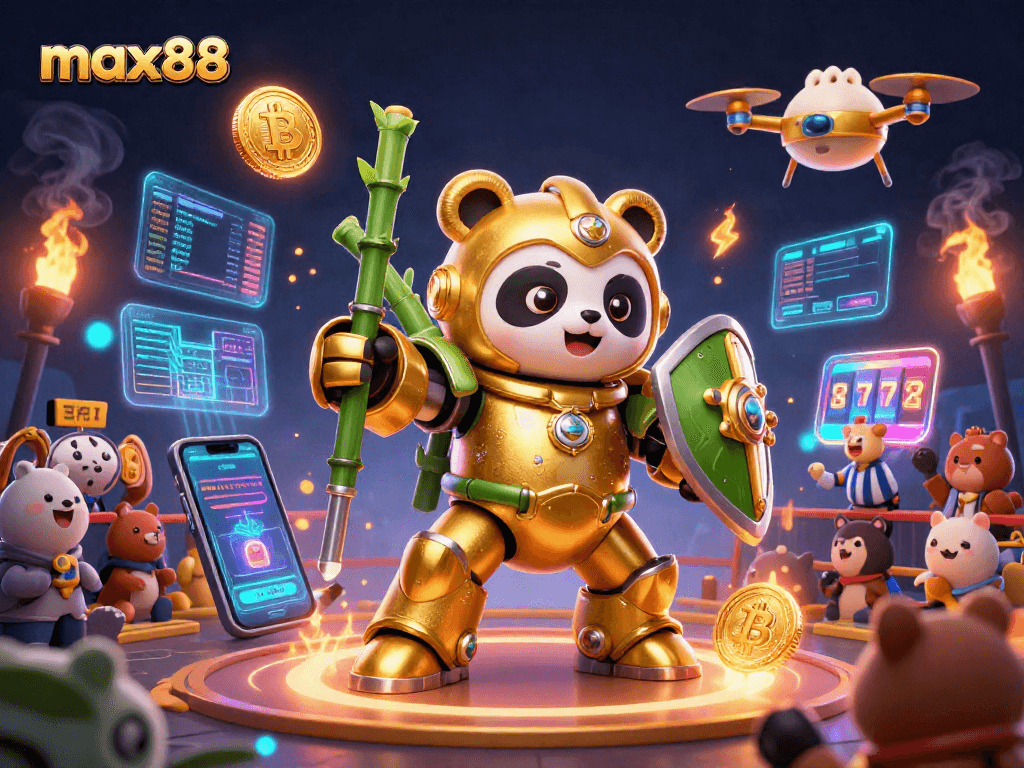 Experience max88 thrills with a golden panda in mech suit amidst lively gambling elements