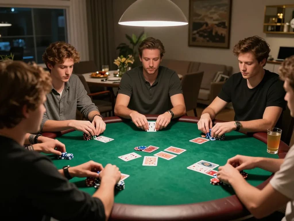 Engaged players enjoy a lively home game of poker with bk33, showcasing camaraderie and strategic gameplay.