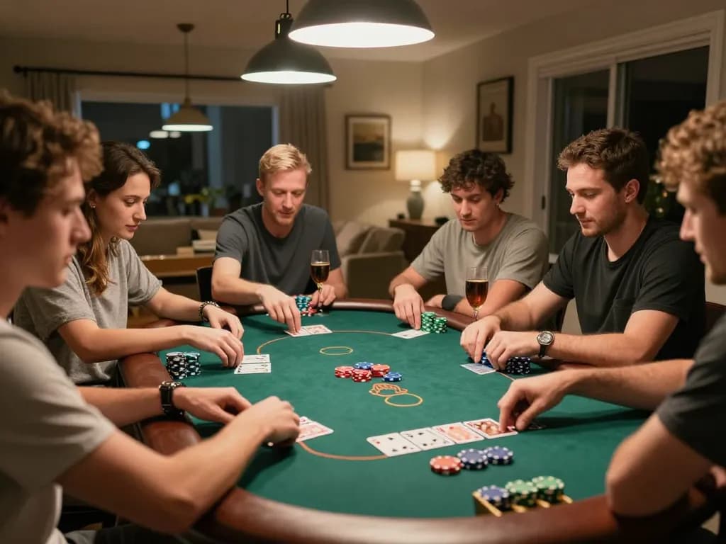 Friends enjoying a lively poker night at home while accessing dn88 com for online gaming strategies.