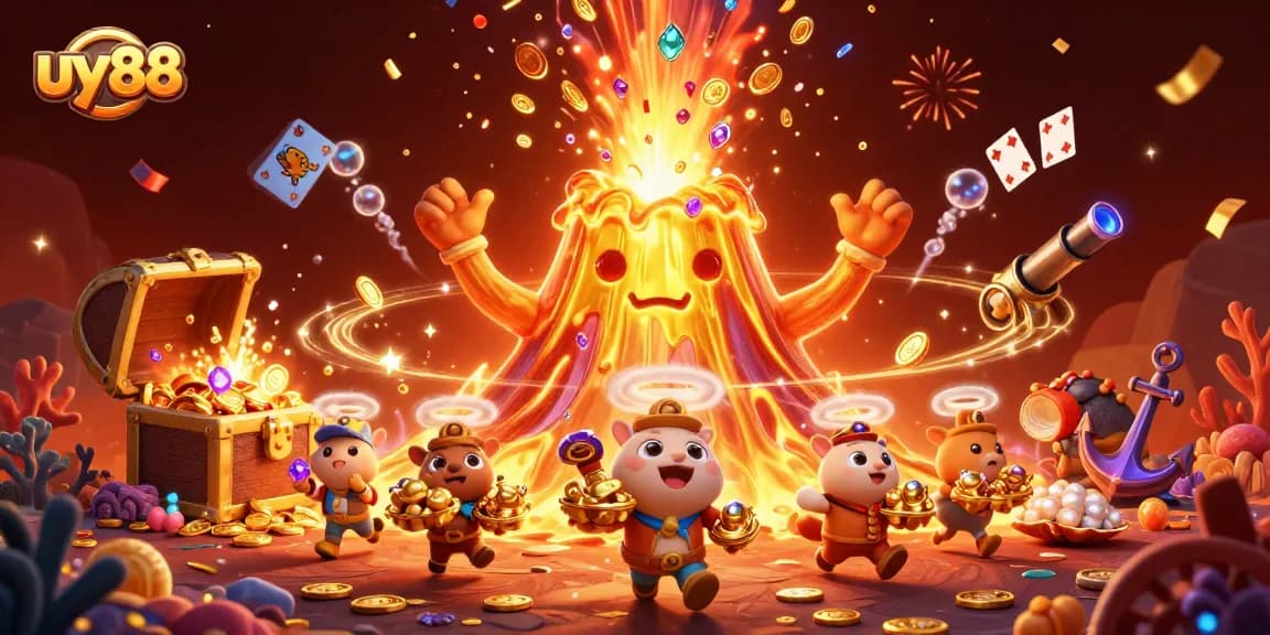 Experience excitement at uy88 with our vibrant casino-themed illustration featuring a joyful volcano and treasure seekers.