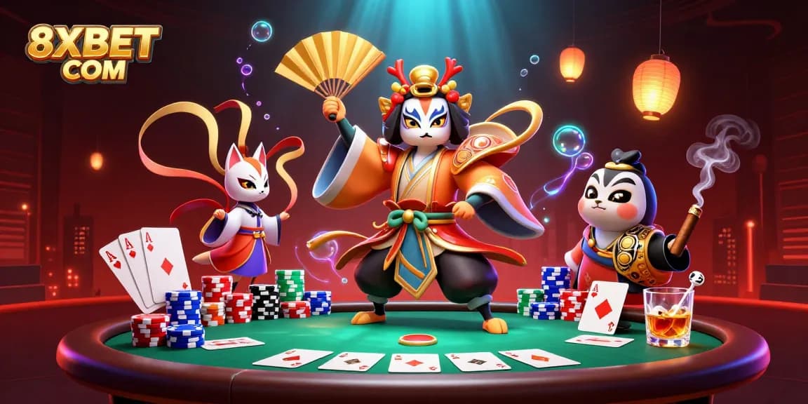 Engage with thrilling games at 8XBET COM featuring vibrant casino characters and poker elements.