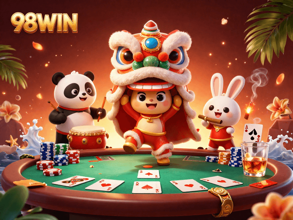 Experience the festive energy of 98WIN with a vibrant lion dance and dynamic poker scene.