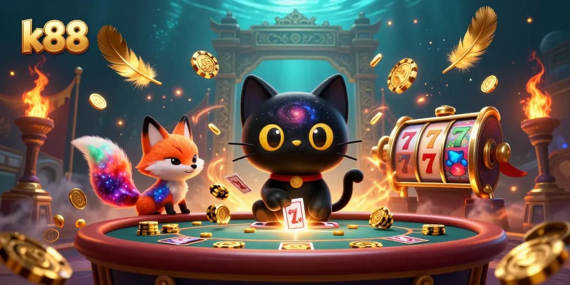 K88 players win at an exciting cosmic casino with a black hole cat and a nebula fox in a vibrant scene.