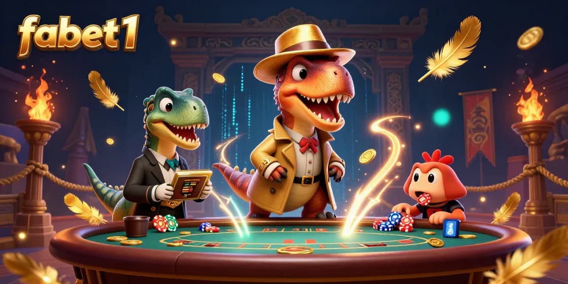 fabet1 showcases a vibrant 3D illustration of a velociraptor card counter at a blackjack table, stealing the spotlight.