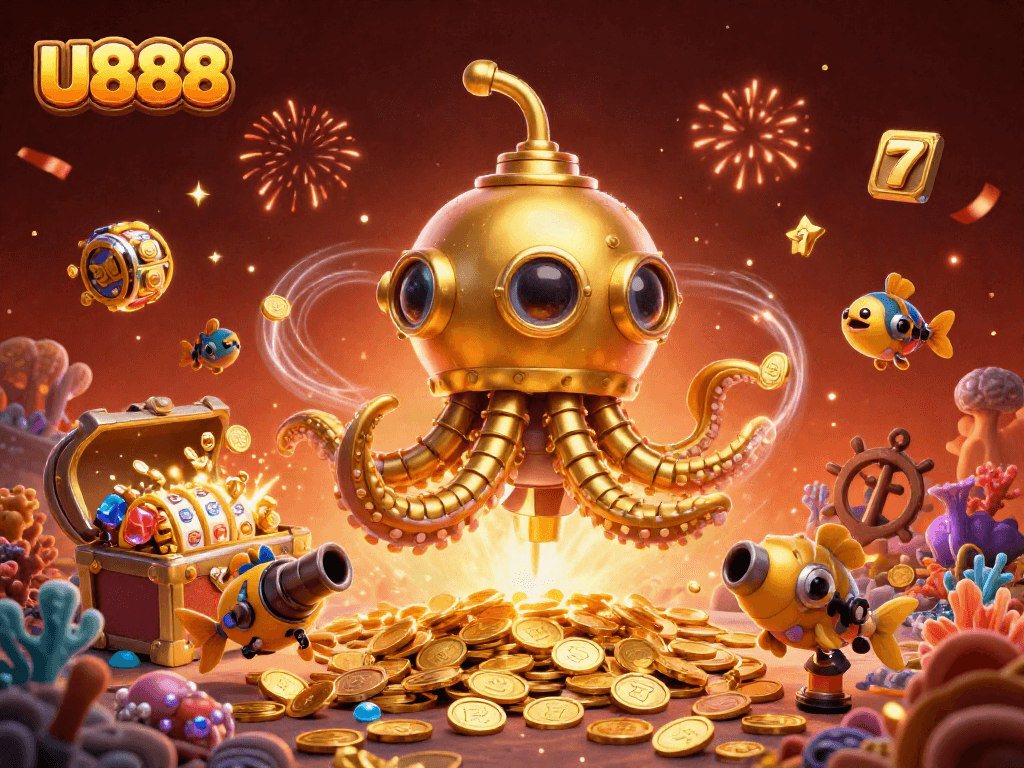 Experience U888 with a dynamic underwater scene, showcasing exciting slots and treasures.