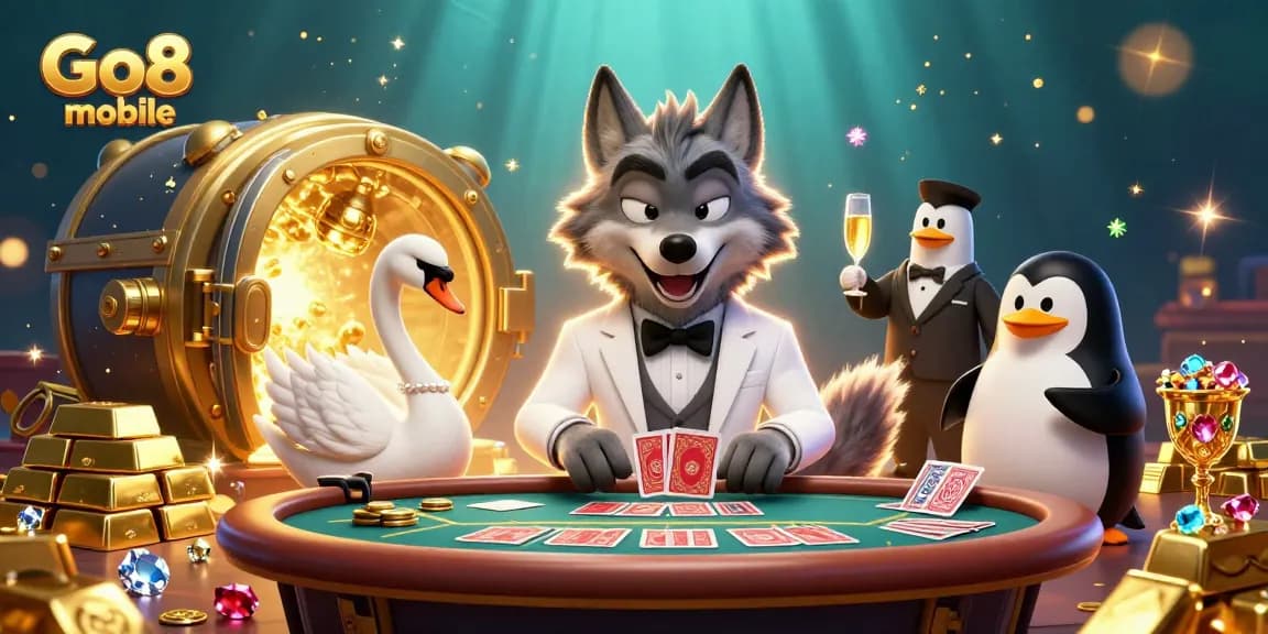 Win big with Go8 mobile casino, featuring a 3D wolf, swan, and penguin in vibrant gaming action.