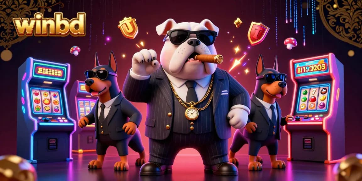 Join the winbd mafia boss bulldog in a lively casino scene with vibrant slot games and neon effects.