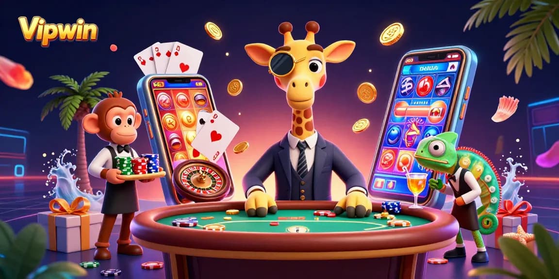 Play exciting games at Vipwin with a vibrant scene of a high-roller giraffe and friends.
