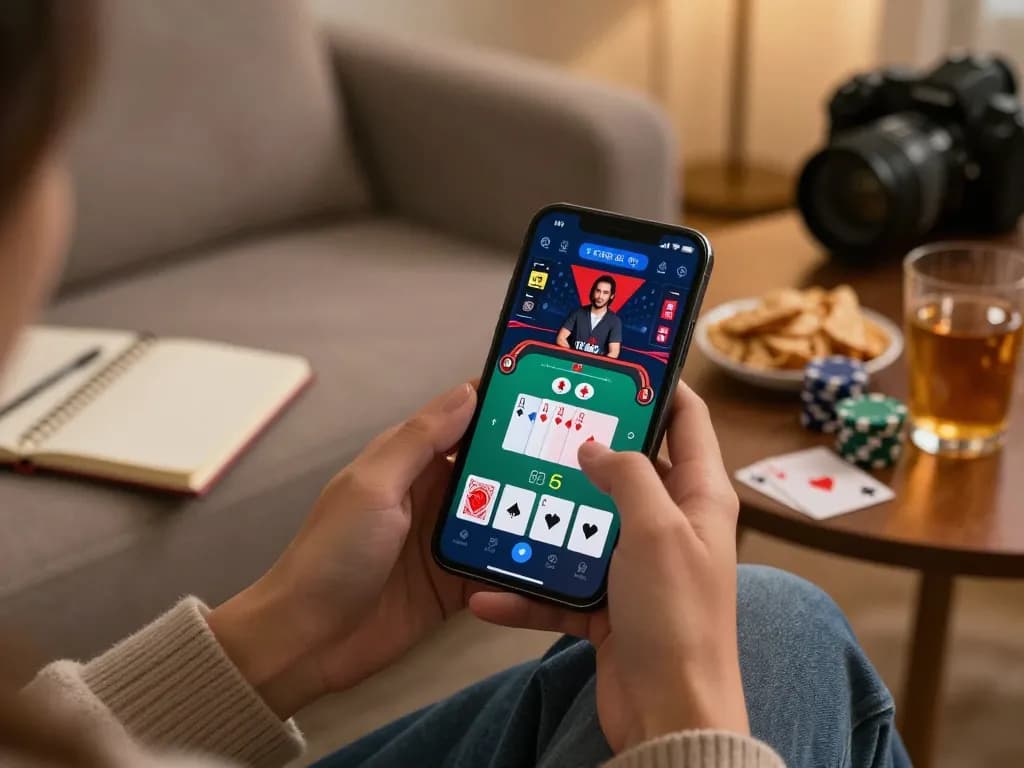 BCX88 players engaging in an exciting poker game on smartphone, showcasing strategic gameplay in a cozy home setting.