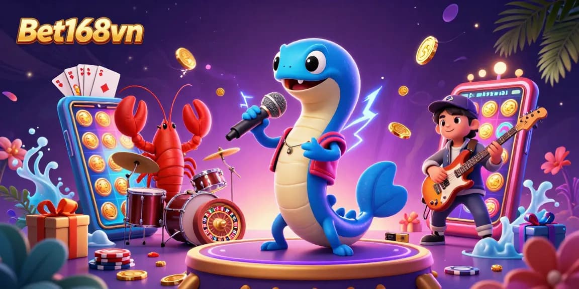 Engage in thrilling underwater gaming with Bet168vn's vibrant casino atmosphere featuring an electric eel DJ.