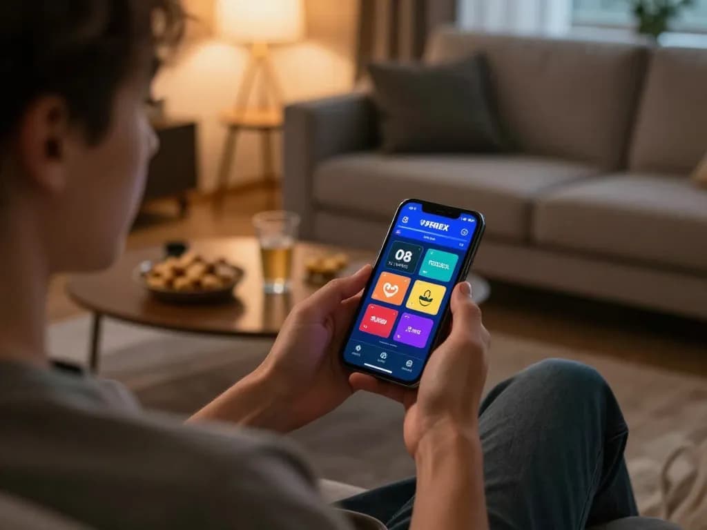 Player engaging with O8 FOREX gambling app on smartphone, showcasing a lively betting interface.
