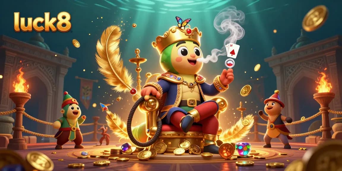 Engage in luck8's thrilling gaming adventures with a vibrant 3D casino scene featuring poker symbols and golden treasures.