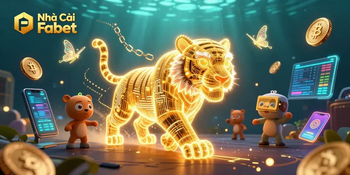 Engage with Nhà Cái Fabet in a vibrant casino scene featuring a golden tiger and neon elements.