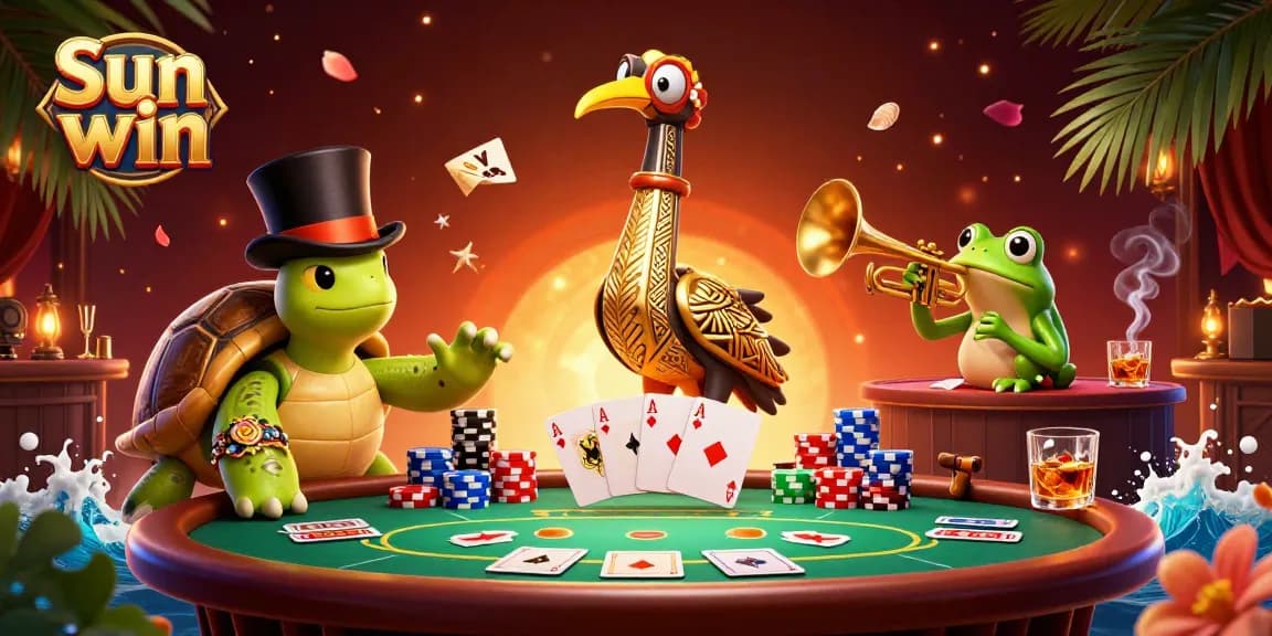 Experience the excitement of Sun win as a turtle, crane, and frog enjoy poker night.