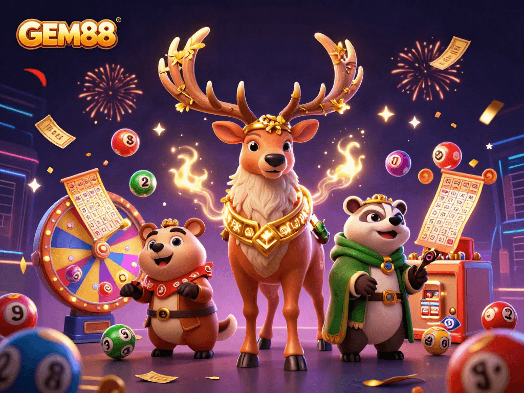 Experience GEM88's vibrant gaming world with a 3D Celtic illustration full of lottery fun.