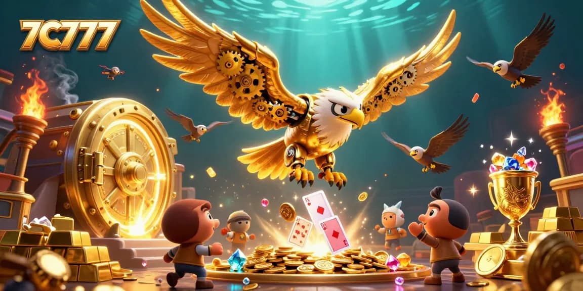 Experience thrilling wins with the 7C777 gaming scene full of vibrant cards and gold treasures.