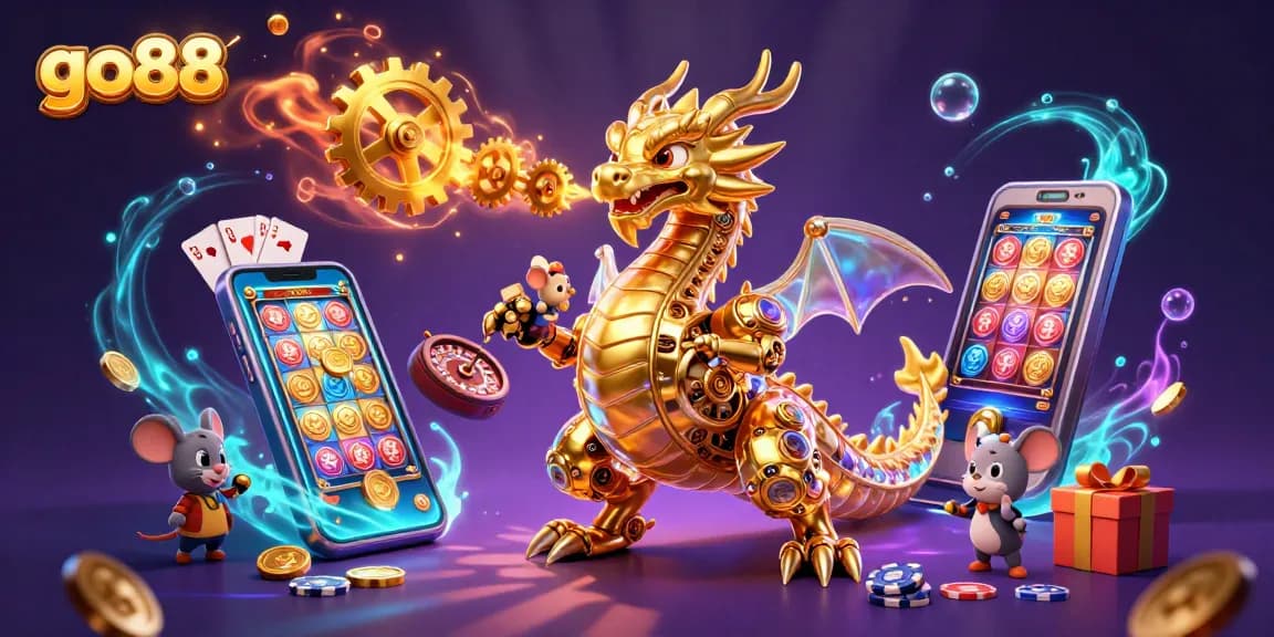 Experience thrilling excitement at go88 with a 3D cartoon biomechanical dragon surrounded by vibrant casino elements.