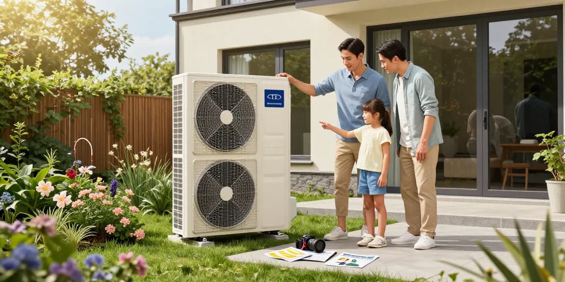 Ovum Wärmepumpe in einem modernen Garten, Familie inspiziert nachhaltige Heiztechnik