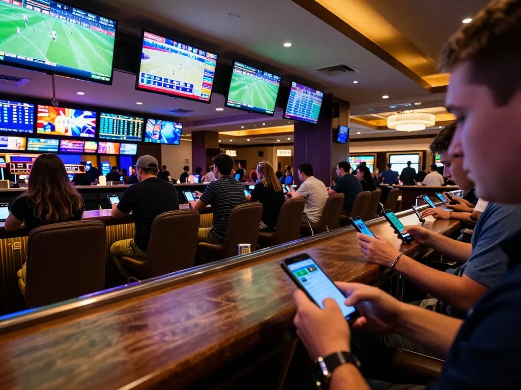 Engaged bettors using casino vua88 app to analyze sports events and place bets in a vibrant lounge.
