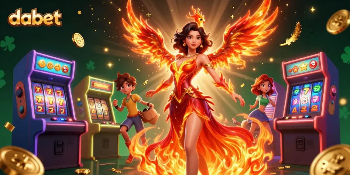 Engage with dabet's vibrant 3D casino scene featuring slots, fiery motifs, and gaming elements.
