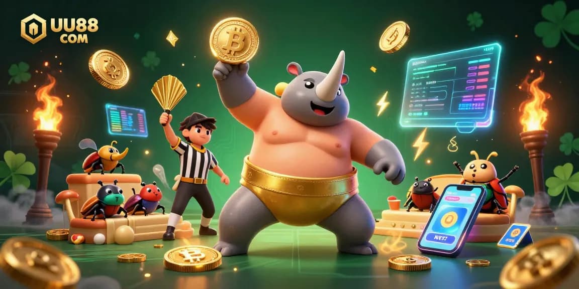 Experience the excitement of UU88 COM with vibrant 3D casino art featuring a beetle sumo champion.