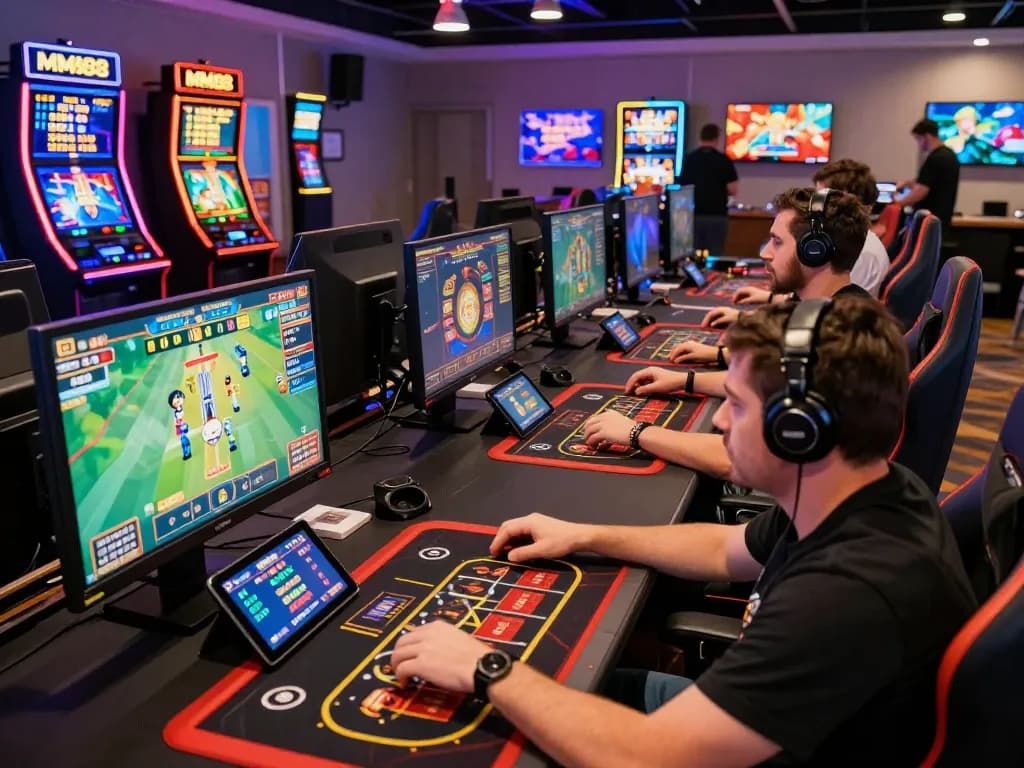 MM88 online gambling scene with gamers enjoying live sports betting and casino games in a vibrant modern setting.