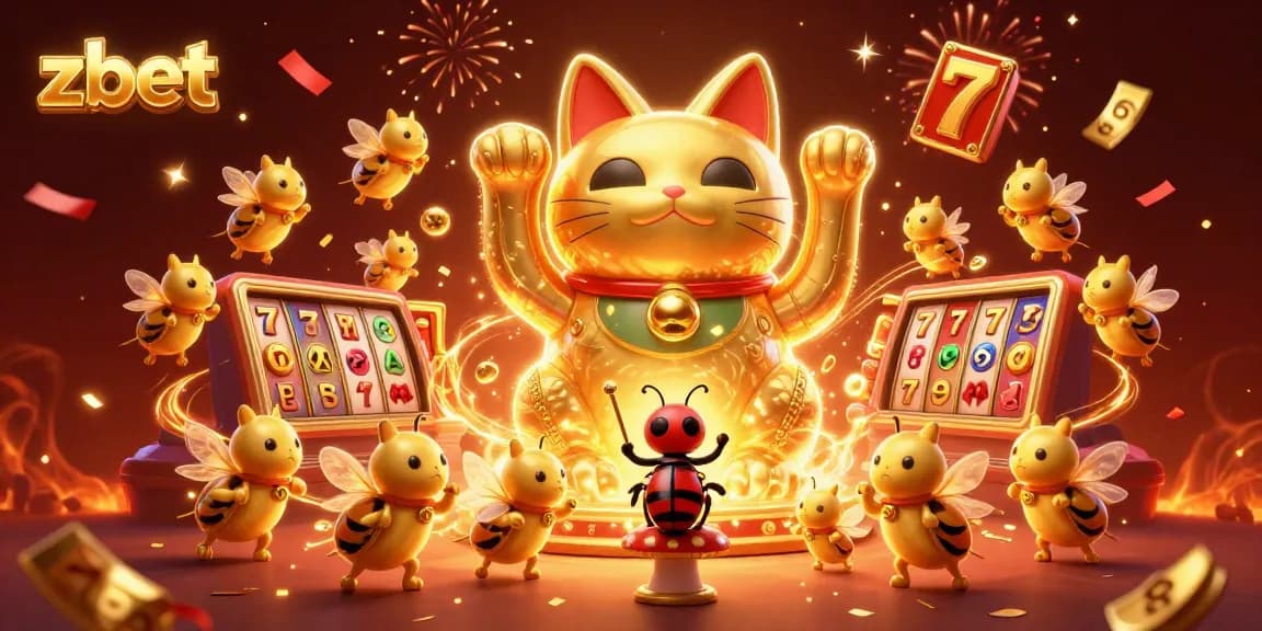 Engage with zbet’s vibrant casino gaming experience featuring a golden lucky cat amidst dynamic symbols.