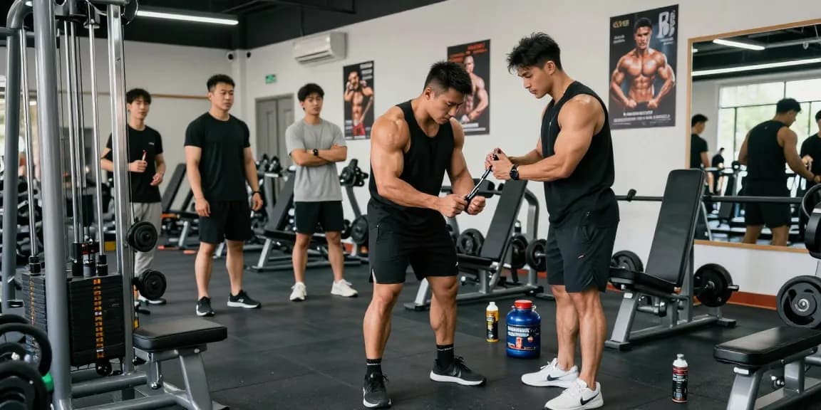 Anabolika Shop scene showcasing athletic individuals demonstrating safe steroid injection techniques in a motivating gym environment.