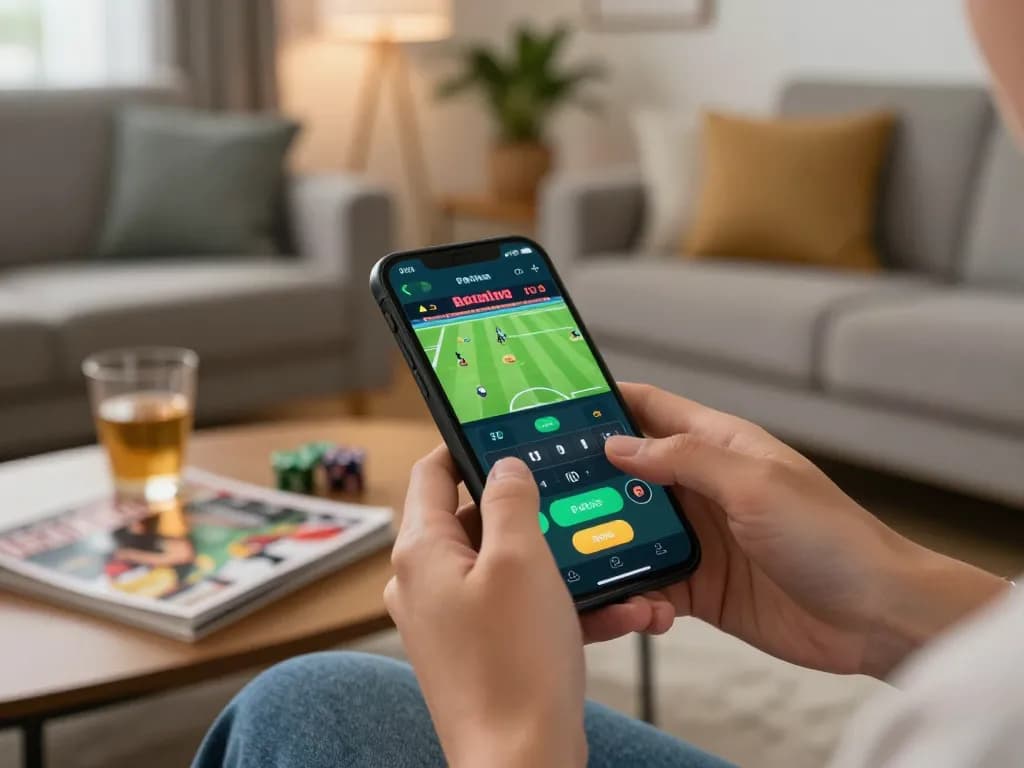 Player engaging with SC88 sports betting app on smartphone in cozy home setting
