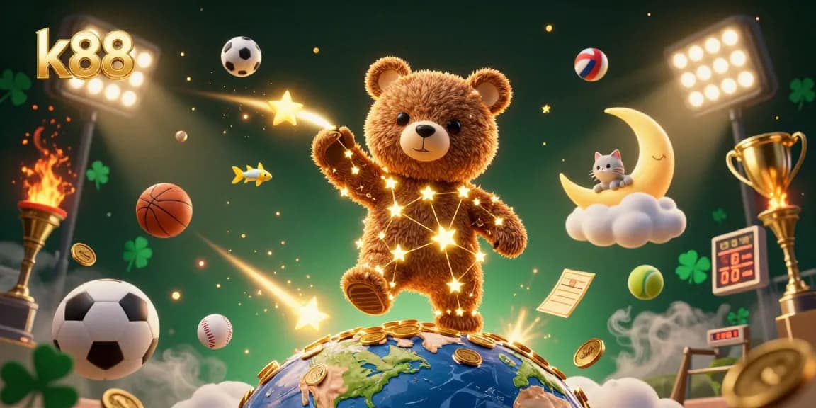 Bet on k88 with thrilling sports betting elements and a playful cosmic illustration.