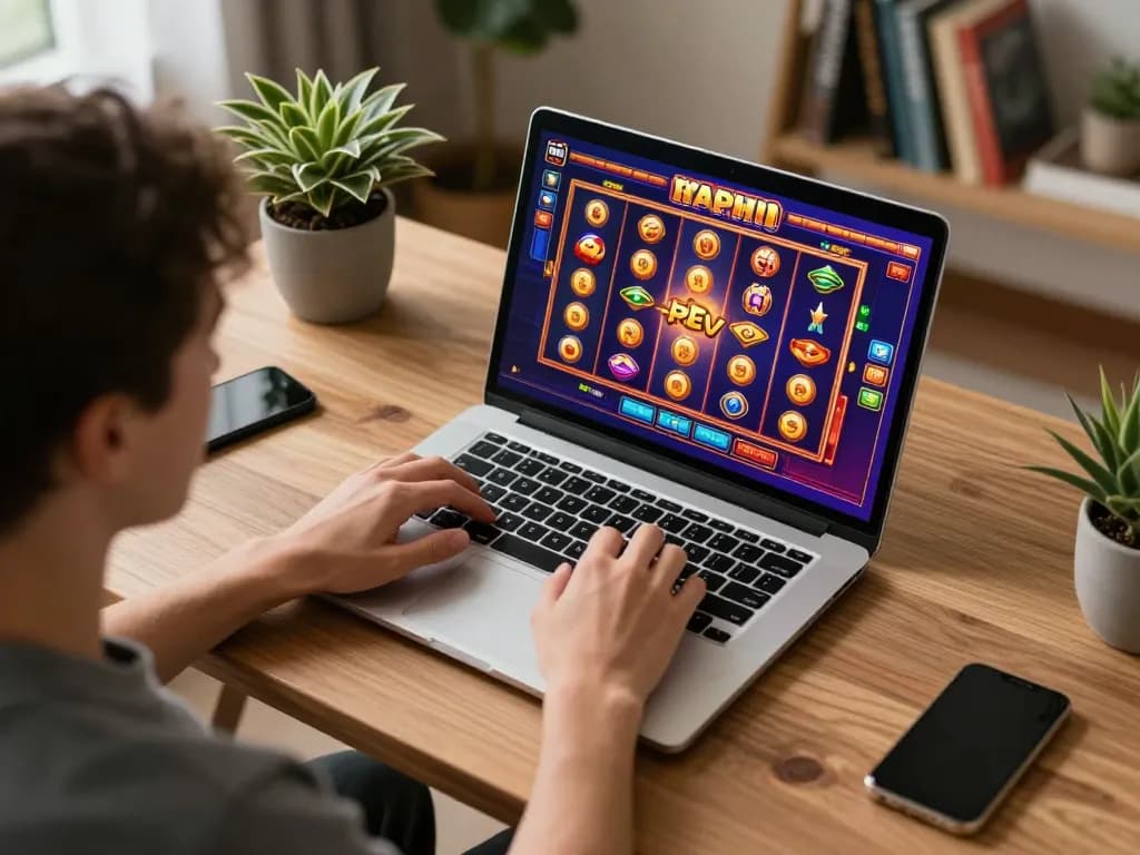 Kwin user enjoying an engaging online casino game on a laptop in a cozy setting