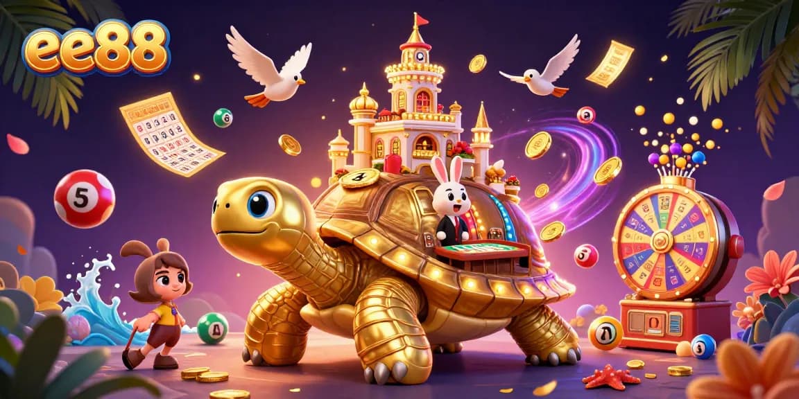 Engage in thrilling games at ee88 with a vibrant casino scene featuring a golden tortoise and lucky rabbit dealer.