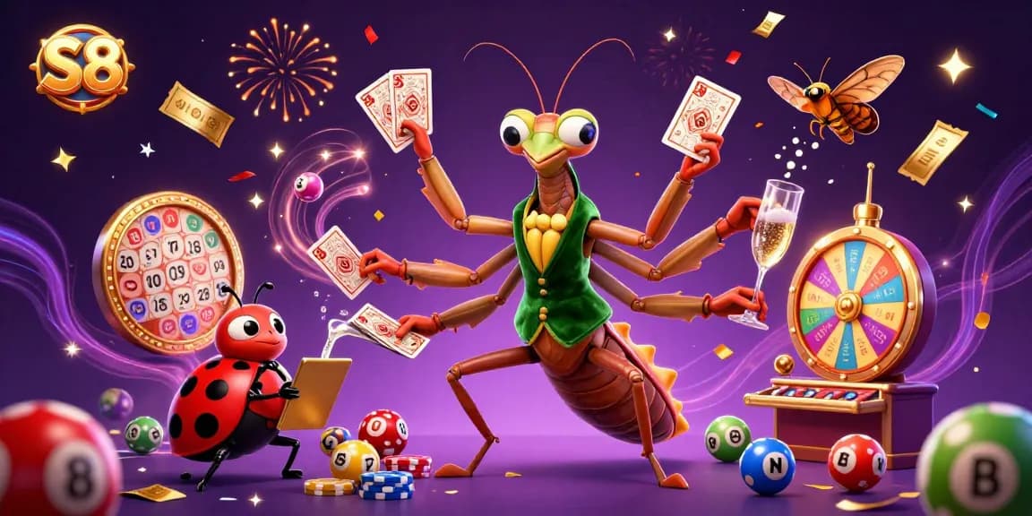 S8 engages players with a vibrant casino scene filled with dynamic games and festive elements.