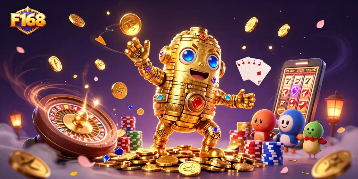 Experience the thrill of F168 with a dynamic casino scene featuring a golden golem and jackpot elements.