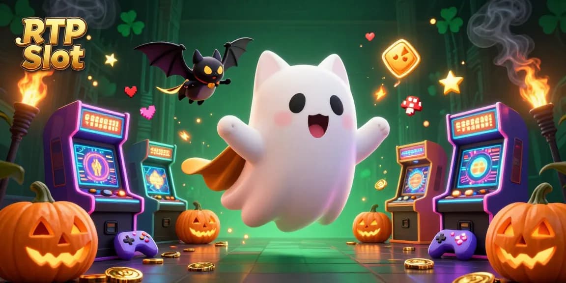 Experience RTP Slot action with a ghost cat and bat in a haunted casino setting.