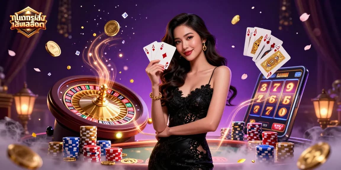 Experience ทดลองเล่นสล็อต with elegance in this animated casino illustration showcasing vibrant gaming elements.