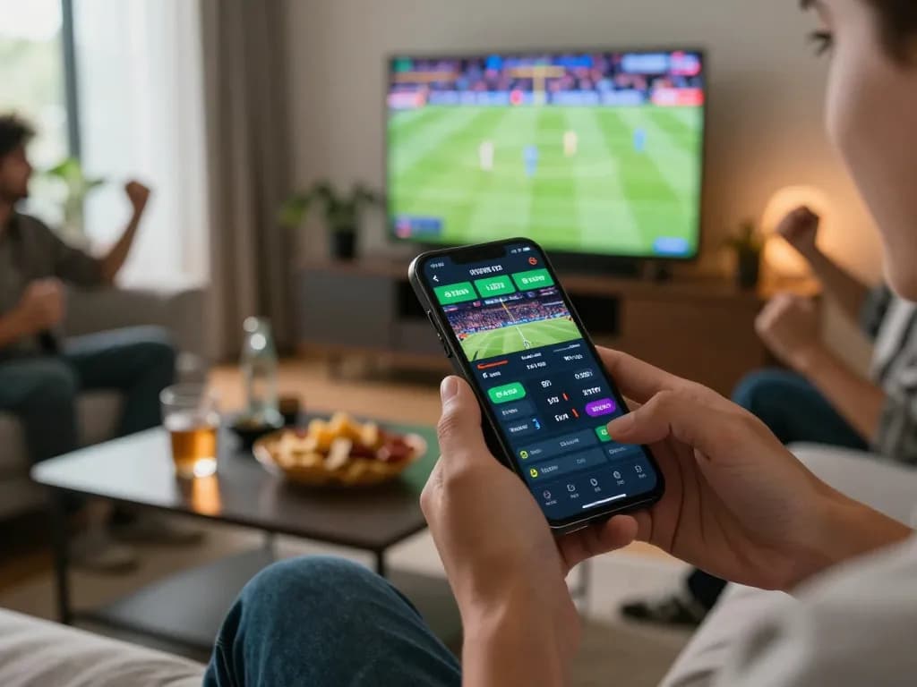Kuwin1 mobile sports betting scene showing live game excitement and casual home atmosphere.