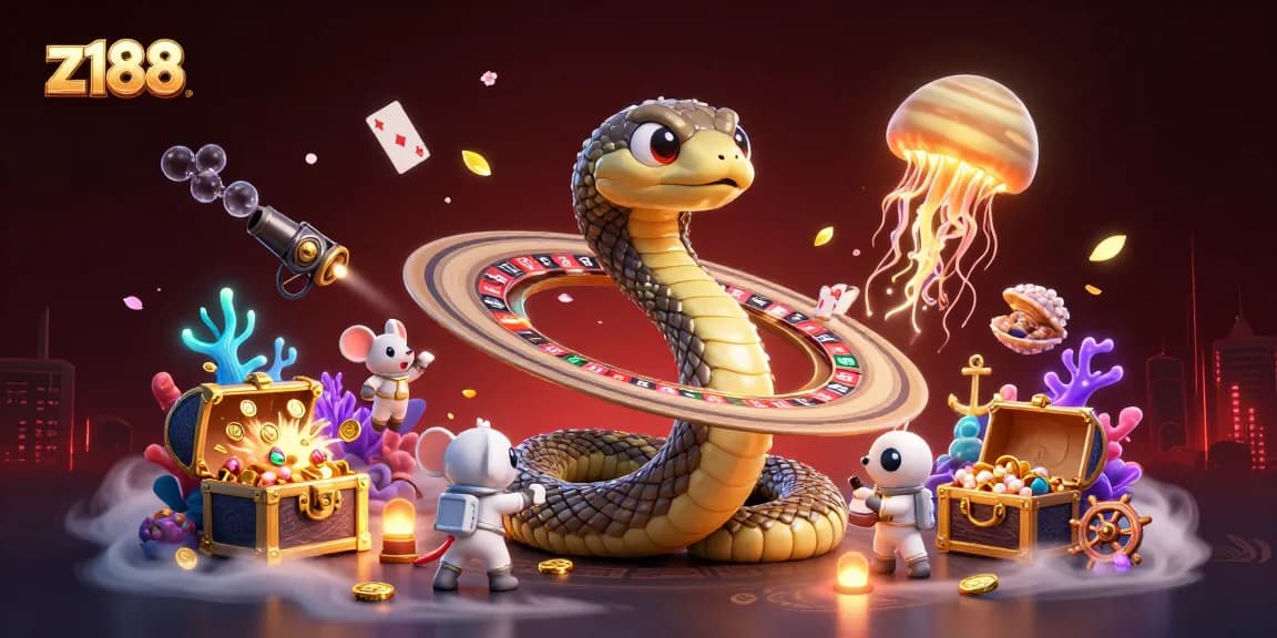 Z188's fantasy casino scene showcases players betting on a Saturn-themed roulette while winning gold and gems.