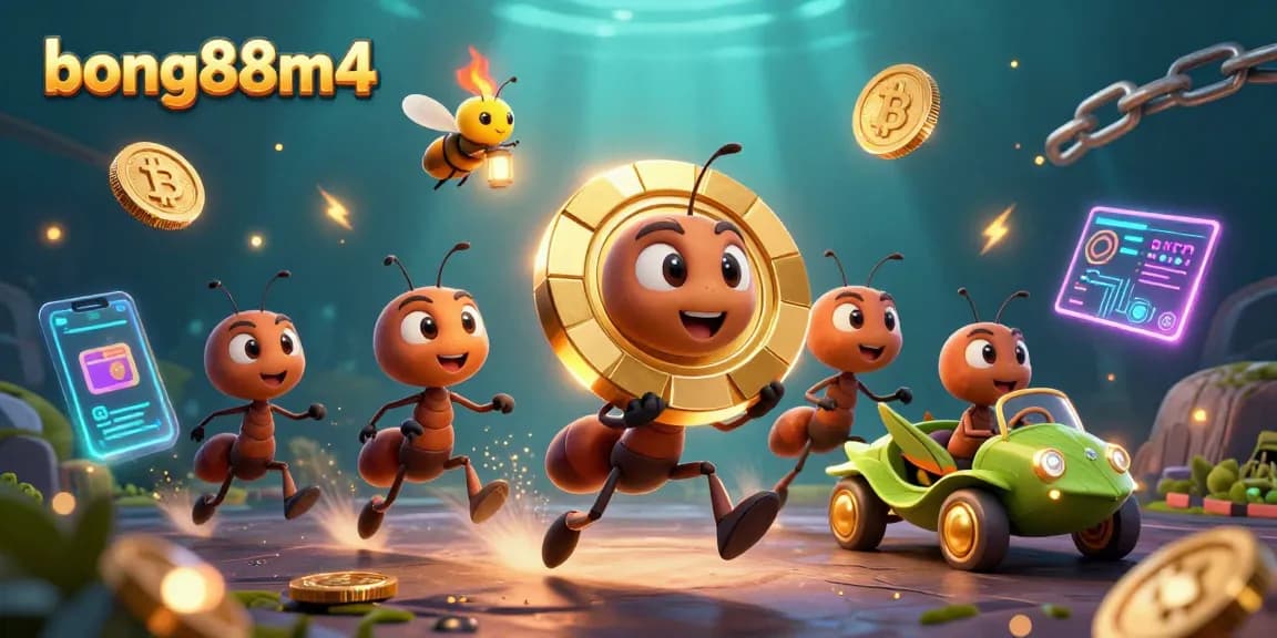 Engage with bong88m4’s thrilling heist scene of ants carrying a poker chip, surrounded by crypto elements.