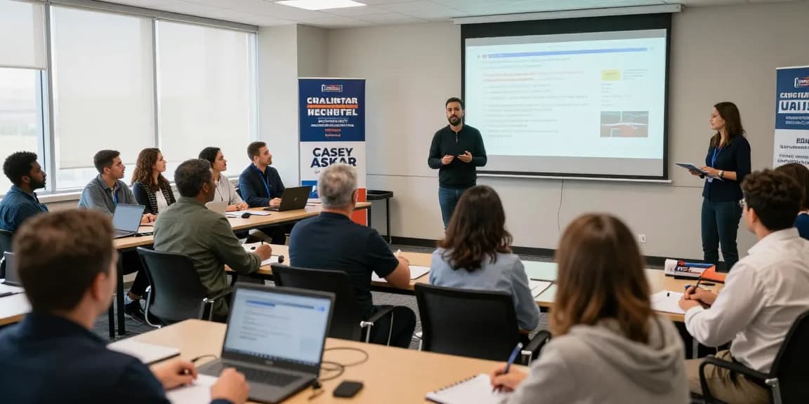 Casey Askar presenting in a vibrant conference room, engaging with the audience during a political campaign event.