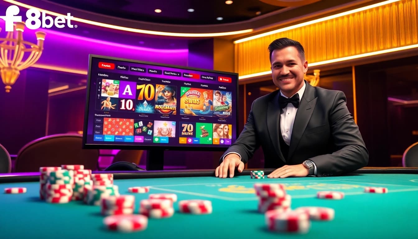 Engage in thrilling gameplay at https://f8bet.ventures/ with vibrant casino visuals featuring poker chips and a dynamic interface.