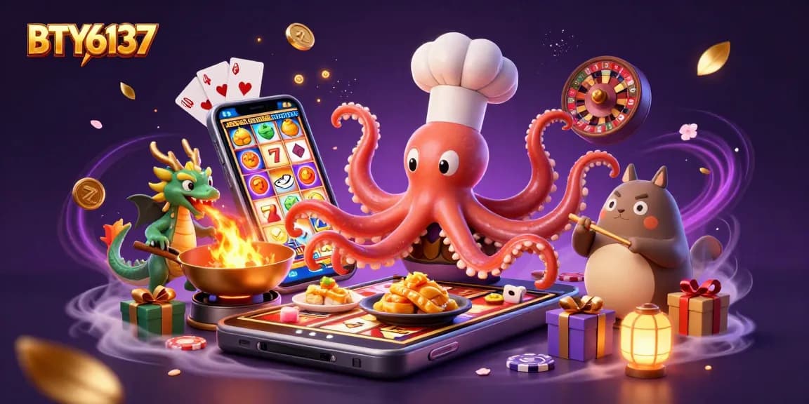 BTY6137 showcases a vibrant scene of a sushi chef octopus and dragon in a lively slot game atmosphere.