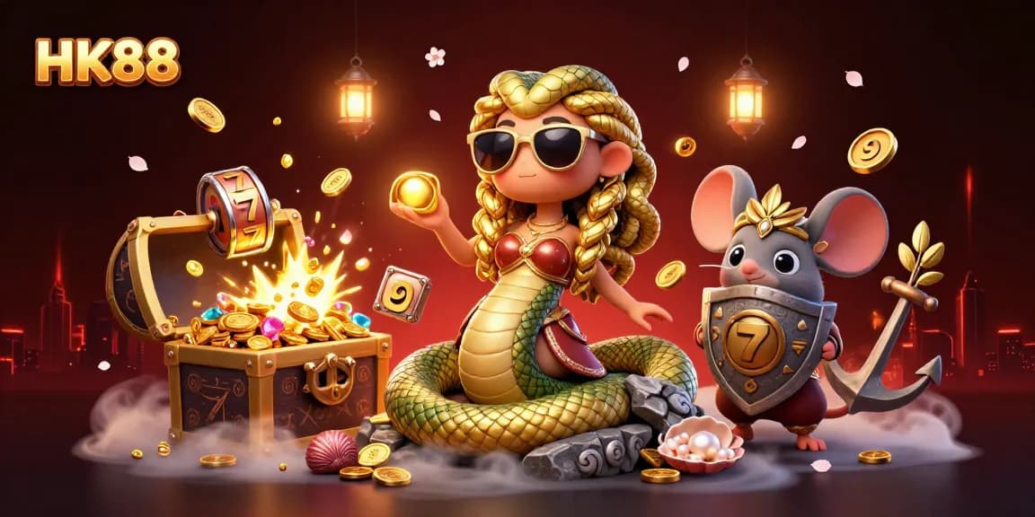 Experience thrilling wins at HK88 with vibrant casino-themed 3D illustration featuring Medusa and treasure elements.